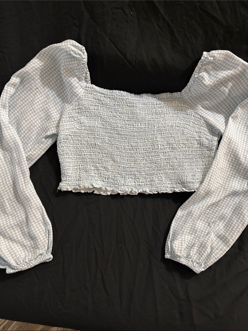 Light Blue Gingham Smocked Puff-Sleeve Crop Top